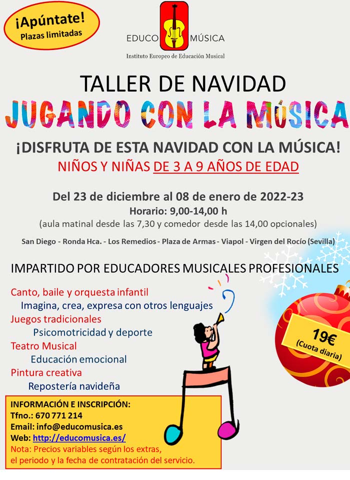 Cartel de los campamentos musicales urbanos de Navidad en Educo-Música | Sevilla con los peques
